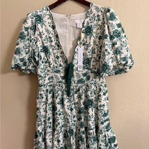House of Harlow 1960 Green and Cream Leaf Dress Linen NWT